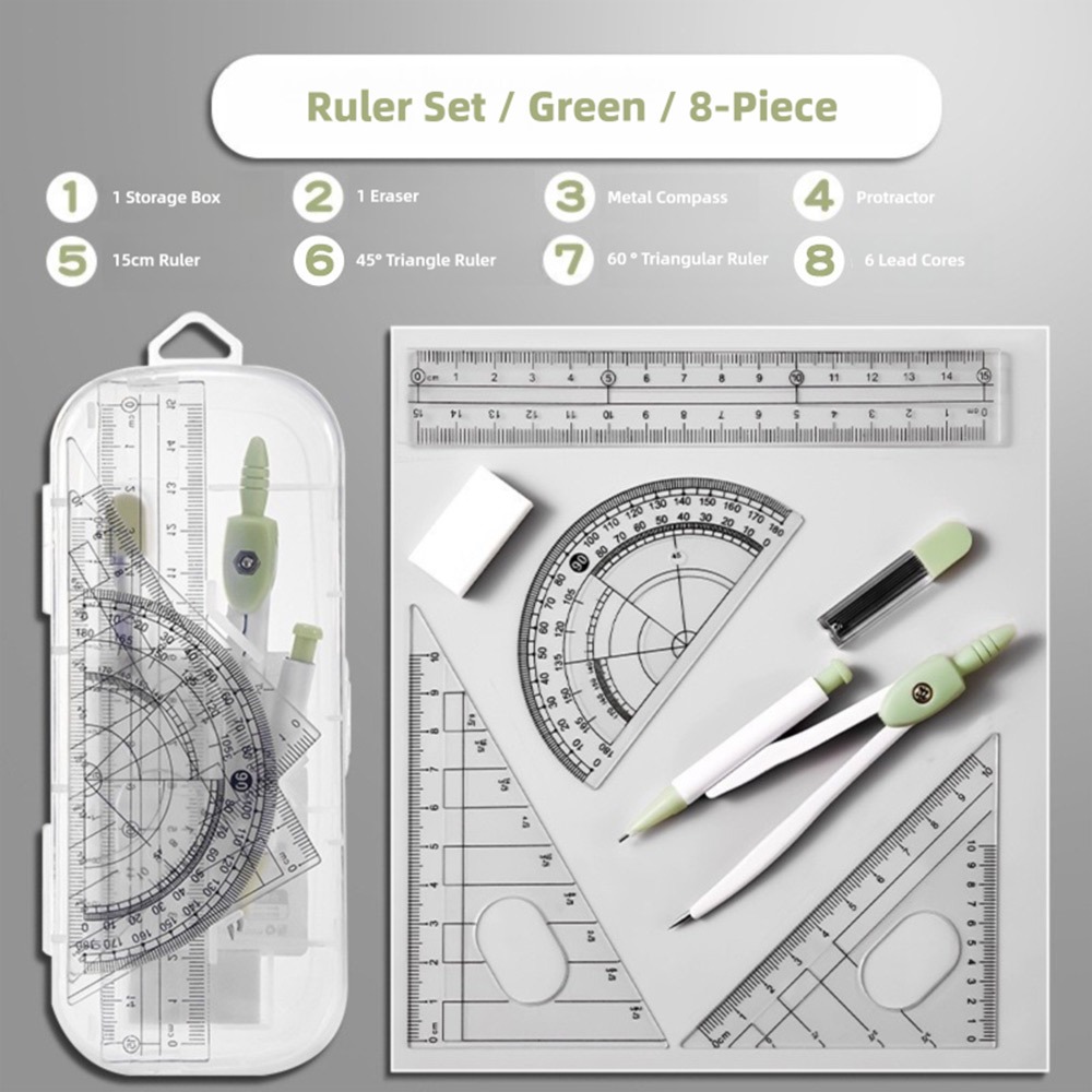 Compass Geometry Set - Zestaw 8 szt. plastikowych linijek, cyrkiel,